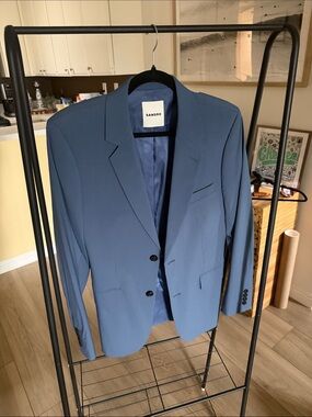 Sandro Paris Virgin Wool Blend Slate Blue Tailored Suit Jacket Blazer Size 48